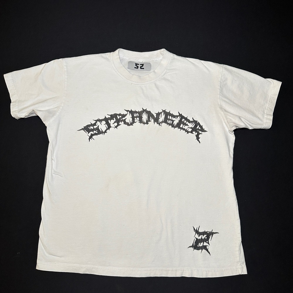 S2 Stranger‎ T-Shirt Men's Medium White Goth Font Short Sleeve Crew Neck Top